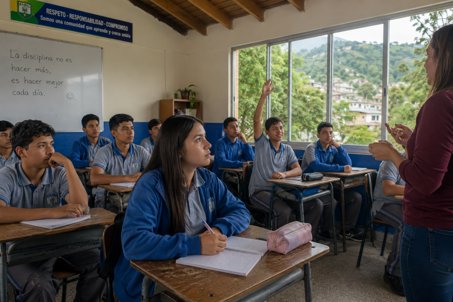 Estudiantes participando en clase en la IE PLAC