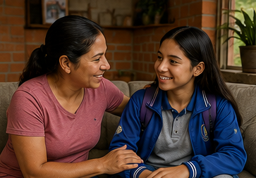 Madre conversando con su hija al regresar del colegio