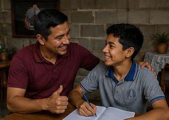 Padre felicitando a su hijo por terminar una tarea