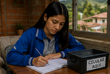 Adolescente estudiando con el celular guardado en una caja