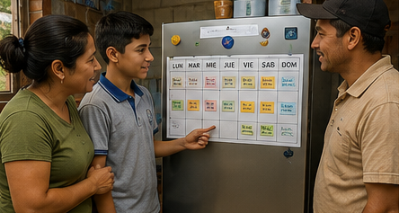 Familia revisando un calendario semanal pegado en la nevera