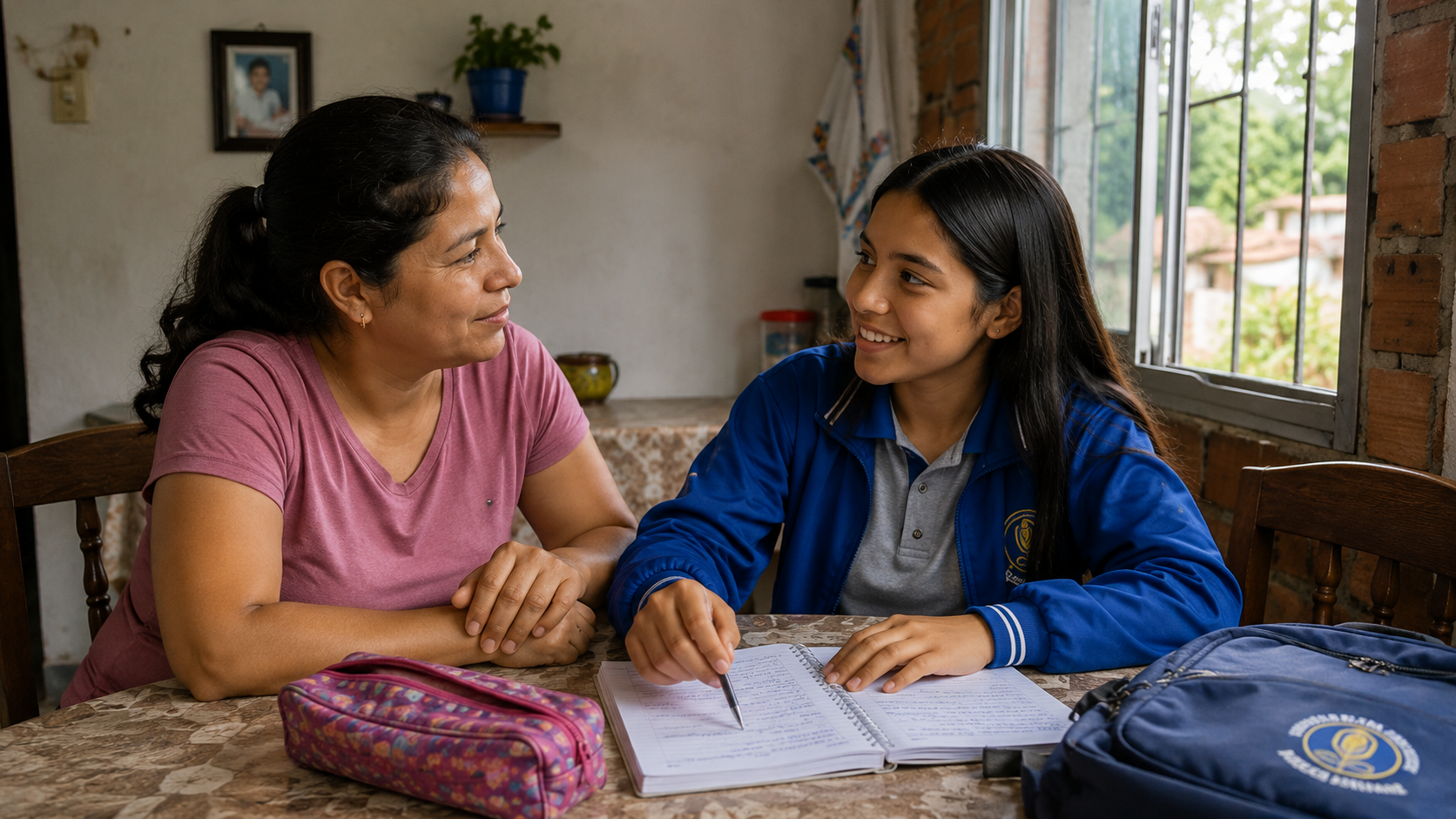 Madre e hija conversando alrededor de la mesa del comedor