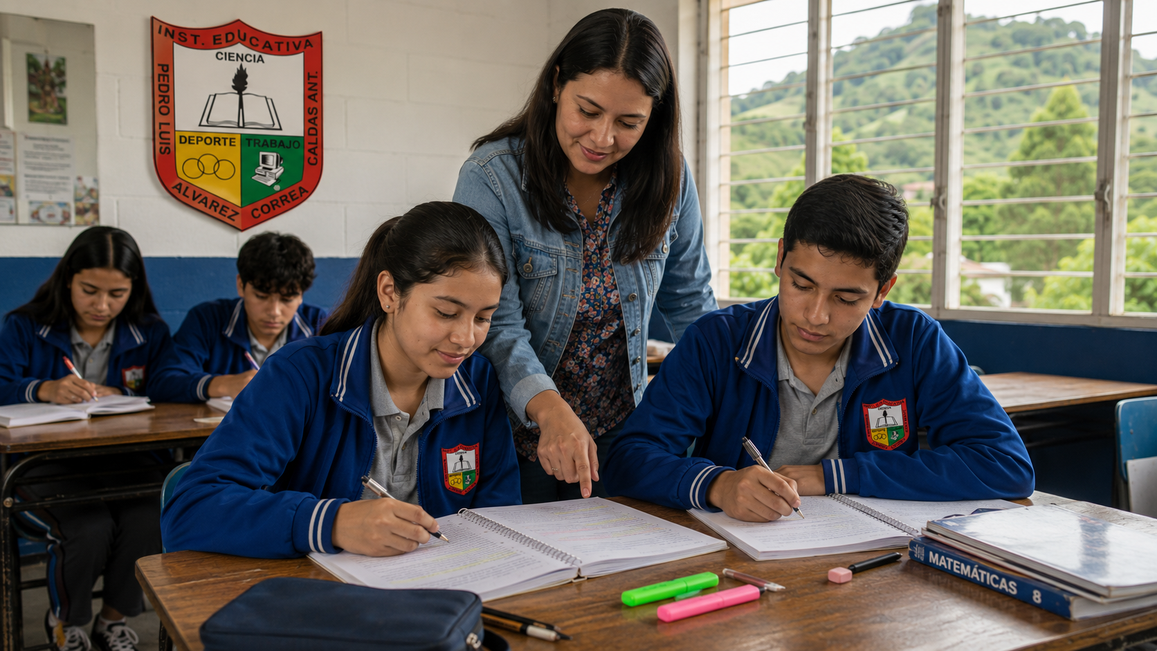 Docente acompañando a estudiantes de bachillerato mientras se preparan para una evaluación