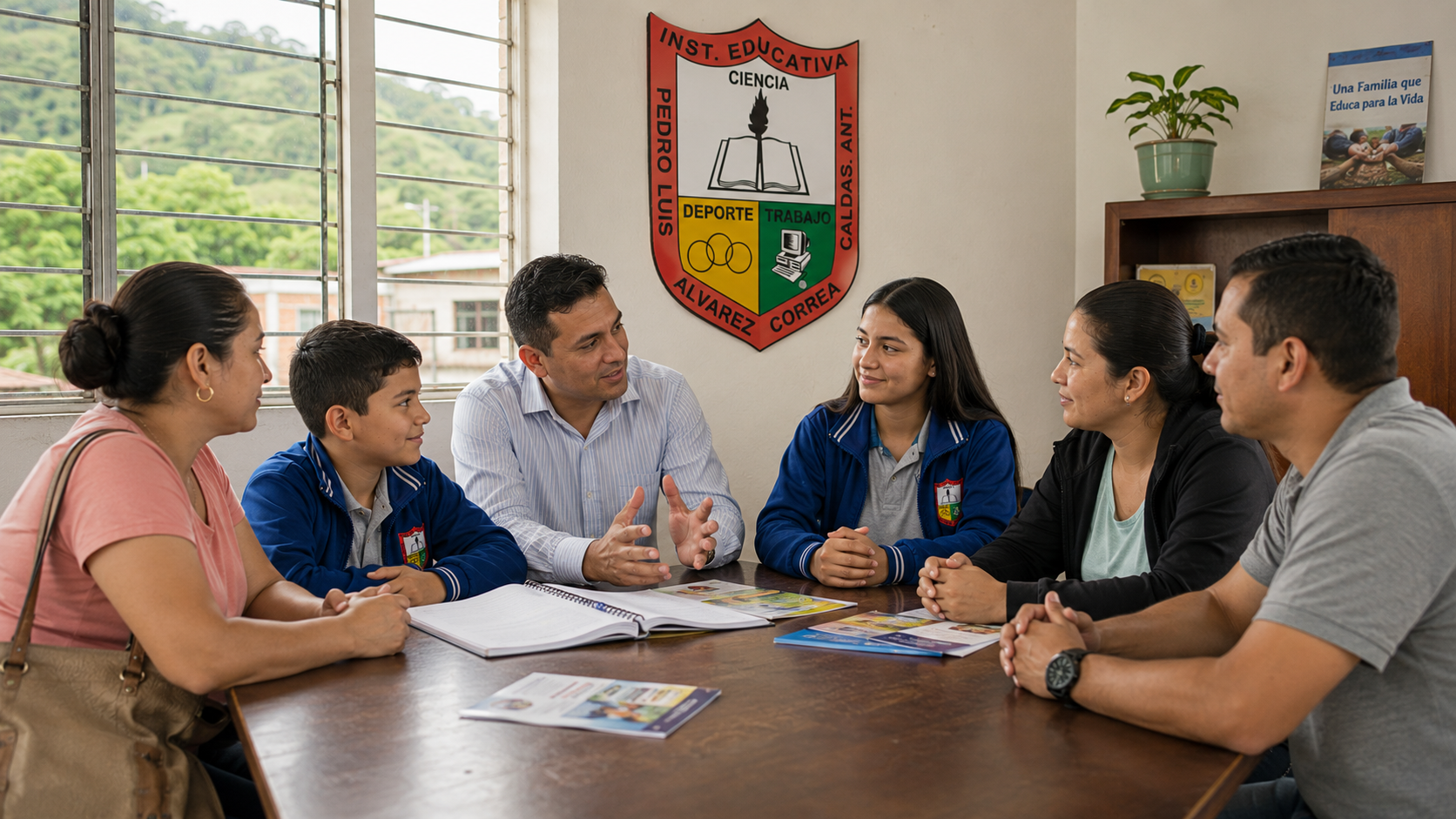 Docente conversando con familias y estudiantes en un salón de la IE PLAC