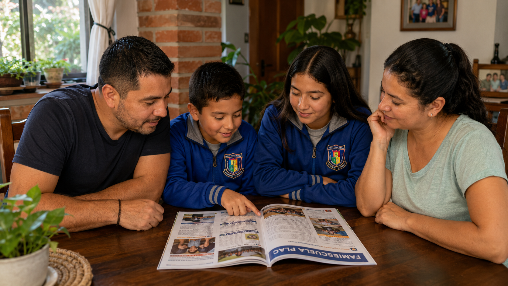 Familia conversando alrededor de la mesa sobre la revista Famiescuela PLAC
