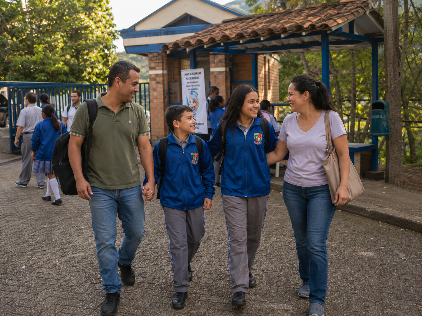 Padres recibiendo con alegría a sus hijos a la salida de la jornada escolar en la IE PLAC
